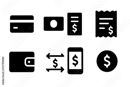 Payment Icons Grid. Solid, filled icon set of recipient payment: credit card, cash, invoice, receipt, wallet, bank transfer, mobile payment, currency symbol.