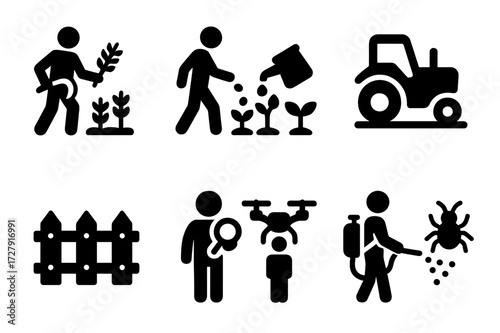 Field Activities Icons. Solid, filled icon set of field activities: harvesting, sowing, watering, plowing, fencing, crop inspection, drone flying, pest