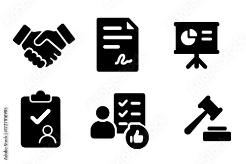 Meeting Outcomes Icons. Solid, filled icon set of meeting outcomes: agreement, contract, report, follow-up, task assigned, summary, feedback, decision. [Line