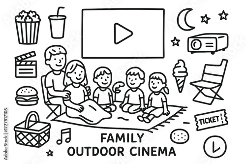 Family Outdoor Cinema Doodles. Hand-drawn doodle illustration Family outdoor cinema family group, popcorn, soda, blanket, folding chair, projector, movie