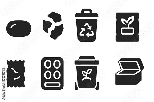 Soap Disposal Icons. Solid, filled icon set of soap disposal and recycling: used soap bar, soap scraps, soap recycling bin, biodegradable packaging, soap