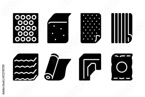 Protective Wrap Icons. Solid, filled icon set of protective wraps: bubble wrap, foam wrap, padded wrap, corrugated wrap, anti-static wrap, stretch film, corner