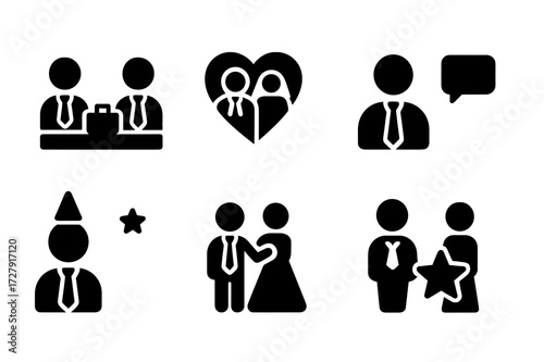 Tie Occasions Icon Set. Solid, filled icon set of tie occasions: business meeting, wedding, formal event, interview, party, casual day, prom, award ceremony.