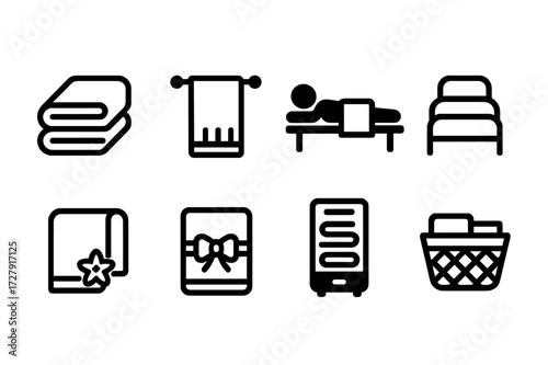 Spa Towel Icons. Solid, filled icon set of spa and towel items: spa towel, sauna towel, massage towel, towel on bed, towel with flower, towel with ribbon,
