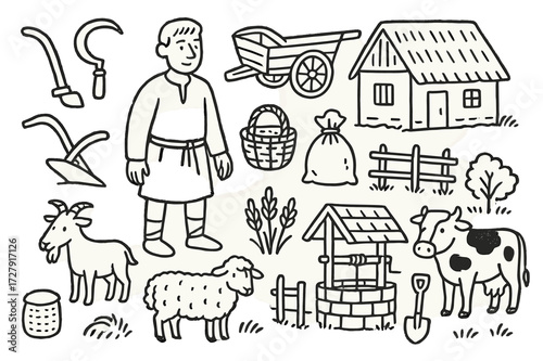 Medieval Village Doodles. Hand-drawn doodle illustration medieval rural peasantry villager, tunic, sickle, plow, cart, basket, sack, goat, sheep, cow, fence,
