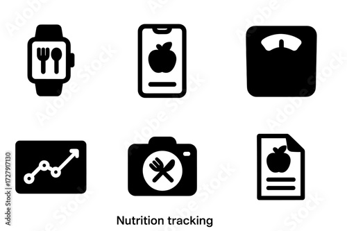 Nutrition Tracking Icons. Solid, filled icon set of nutrition tracking: fitness watch, food app, checklist, weight scale, progress chart, meal photo, nutrition