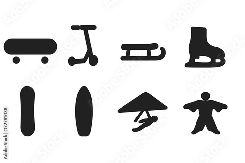 Glide Vehicles Icons. Solid, filled icon set of glide vehicles: skateboard, scooter, sled, ice skate, snowboard, surfboard, hang glider, wingsuit. Solid,