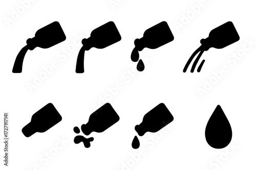 Pouring Actions Icons. Solid, filled icon set of pouring actions: pouring liquid, steady pour, slow pour, fast pour, controlled stream, tilted bottle, splash,
