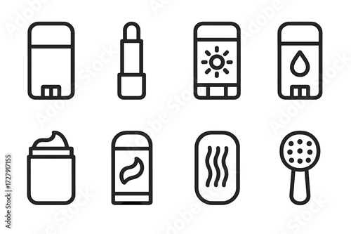 Solid Care Icon Set. Solid, filled icon set of stick personal care: deodorant stick, lip balm, sunscreen stick, solid lotion, hair wax, toothpaste stick, solid