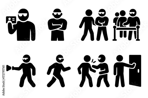 Bouncer Action Icons. Solid, filled icon set of bouncer actions: checking ID, standing guard, escorting person, crowd management, patrolling, intervening,