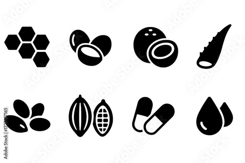 Natural Source Icons. Solid, filled icon set of pocket balm natural sources: beeswax comb, shea nuts, coconut, aloe leaf, jojoba seeds, cocoa pods, vitamin