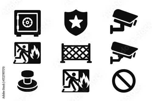 Safety Icons Grid. Solid, filled icon set of closed safety and security: locked safe, security badge, alarm siren, emergency stop button, fire exit blocked,