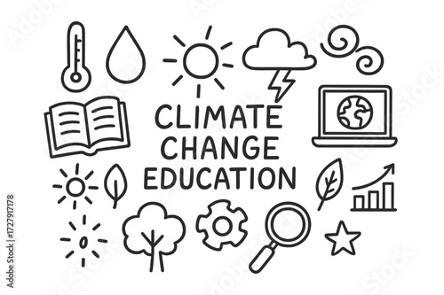 Climate Education Doodle Icons. Hand-drawn doodle illustration Climate change education globe, book, thermometer, droplet, sun, cloud, lightning bolt, wind