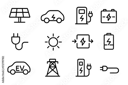 Solar Charging Icons. Solar charging. Line icon set of solar charging: solar panel, electric car, charging station, battery icon, plug connector, sun icon,