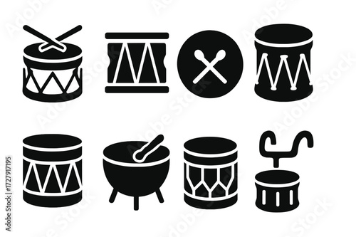 Military Drum Icons. Solid, filled icon set of military drum types: snare drum, field drum, bass drum, tenor drum, rope tension drum, kettle drum, parade drum,