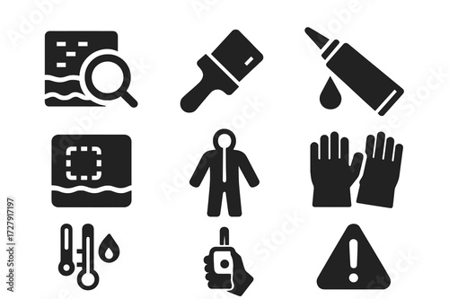 Insulation Maintenance Icons. Solid, filled icon set of insulation maintenance: inspection, cleaning brush, patch repair, sealant tube, protective suit,