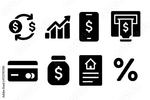 Financial Services Icons. Solid, filled icon set of financial services: currency exchange, investment chart, mobile banking, ATM machine, credit card, savings