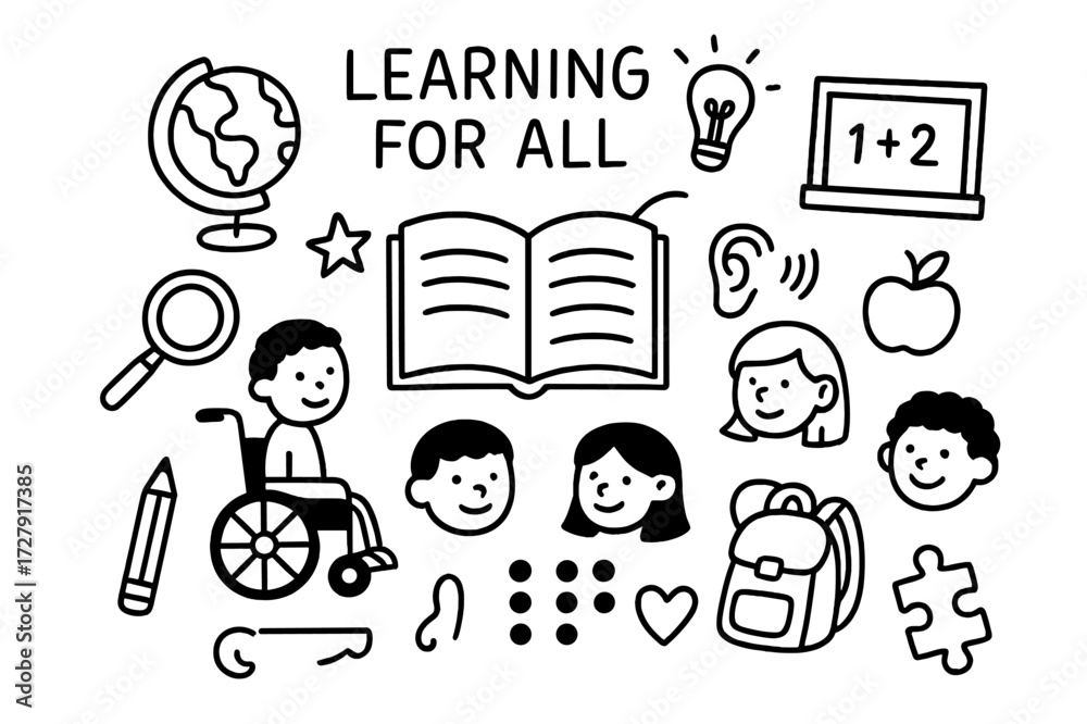 Fototapeta premium Inclusive Learning Doodles. Hand-drawn doodle illustration Learning for all children open book, globe, magnifying glass, diverse kids, wheelchair, hearing aid,