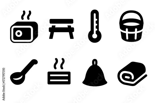 Steam Room Essentials Icons. Solid, filled icon set of steam room essentials: steam generator, wooden bench, thermometer, water bucket, ladle, steam vent,