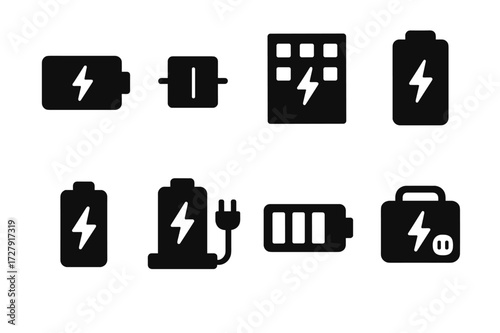 Energy Storage Icons. Solid, filled icon set of energy storage: lithium battery, capacitor, grid storage, power bank, energy cell, charging dock, battery