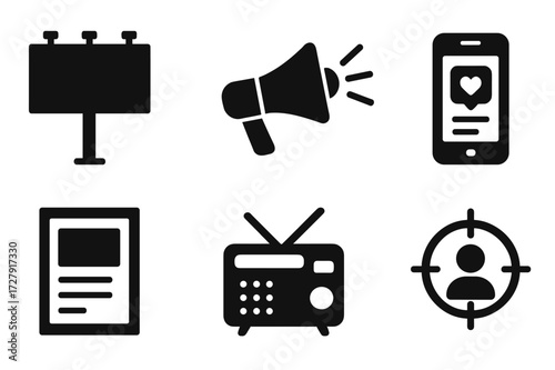 Advertising Icons Set. Solid, filled icon set of advertising agency: billboard, megaphone, social media, flyer, poster, TV screen, radio, target audience.