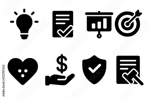 Content Quality Icons. Solid, filled icon set of content quality: originality, clarity, accuracy, relevance, engagement, value, consistency, compliance. [Line