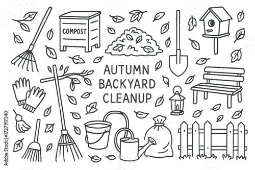 Autumn Garden Cleanup. Hand-drawn doodle illustration [Autumn Backyard Cleanup] [garden rake, compost bin, leaf pile, shovel, gloves, broom, trash bag, bucket,