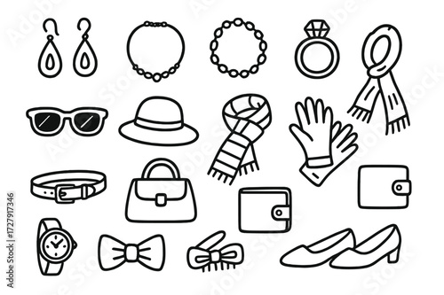 Fashion Accessories Doodle. Hand-drawn doodle illustration fashion accessories earrings, necklace, bracelet, ring, sunglasses, hat, scarf, gloves, belt,