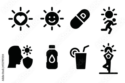 Sun and Health Icons. Solid, filled icon set of sun and health: sun with heart, sun with smiley, vitamin D pill, exercise under sun, skin protection, hydration