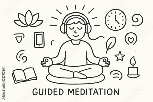 Guided Meditation Doodle. Hand-drawn doodle illustration Guided meditation practice person cross-legged, headphones, phone, lotus flower, cushion, light rays,