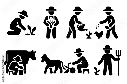 Farmer Activity Icons. Solid, filled icon set of farmer activities: planting, harvesting, watering, feeding animals, milking cow, plowing, fertilizing,