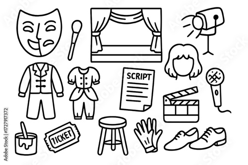 Theater Symbols Doodle. Hand-drawn doodle illustration Theater artist mask, stage, curtain, spotlight, costume, makeup brush, wig, script, stool, ticket,