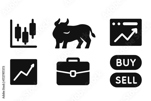Stock Trading Icons. Solid, filled icon set of stock trading: candlestick chart, bull icon, bear icon, stock ticker, trendline graph, portfolio briefcase, buy