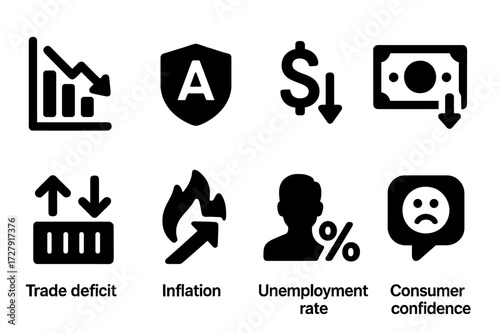 Financial Downturn Icons. Solid, filled icon set of financial indicators during downturn: declining stock prices, credit rating drop, currency depreciation,