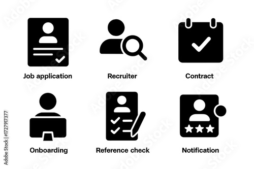 Hiring Process Icons. Solid, filled icon set of hiring process: job application, recruiter, calendar appointment, contract, onboarding, reference check,