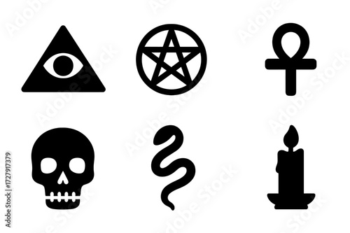 Occult Symbol Icons. Solid, filled icon set of occult symbols: eye of providence, pentagram, crescent moon, ankh, skull, serpent, chalice, candle. [Line icons