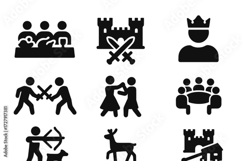 Castle Events Icons. Solid, filled icon set of castle events: feast, battle, coronation, duel, dance, council, hunt, siege. Solid, filled icons in only black