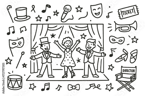 Cartoon Theater Icons. Hand-drawn doodle illustration A musical theater production with actors in vibrant costumes [stage, spotlight, microphone, curtain, top