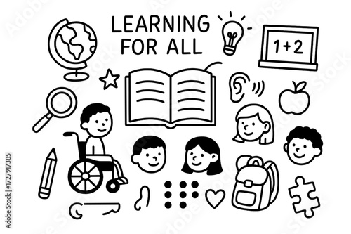 Inclusive Learning Doodles. Hand-drawn doodle illustration Learning for all children open book, globe, magnifying glass, diverse kids, wheelchair, hearing aid,