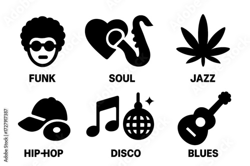 Music Genre Icons. Solid, filled icon set of groove styles: funk, soul, jazz, reggae, hip-hop, R&B, disco, blues. Solid, filled icons in only black color. All