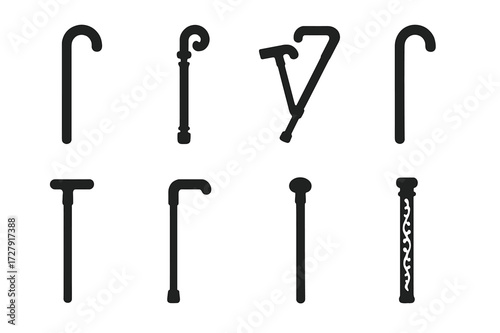 Cane Icons Collection. Solid, filled icon set of canes: walking cane, ornate cane, folding cane, curved handle cane, straight cane, metal cane, wooden cane,