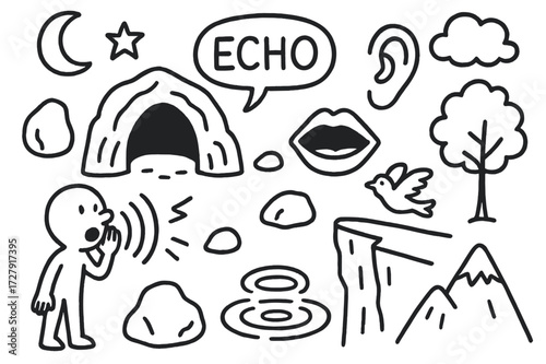 Cave Echo Doodle. Hand-drawn doodle illustration Cave echo cave entrance, wave lines, person shouting, speech bubble, rock, tree, star, moon, cloud, ripple
