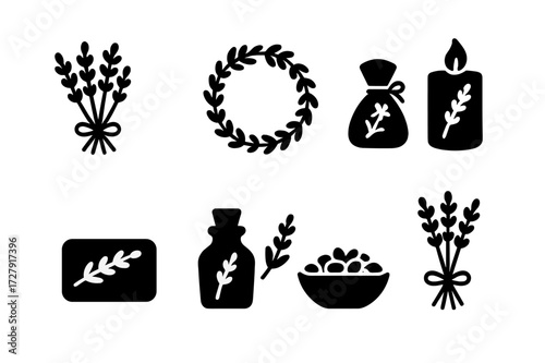 Lavender Craft Icons. Solid, filled icon set of vitamin E supplements: capsule, softgel, tablet, dropper bottle, powder jar, spray bottle, chewable, bottle