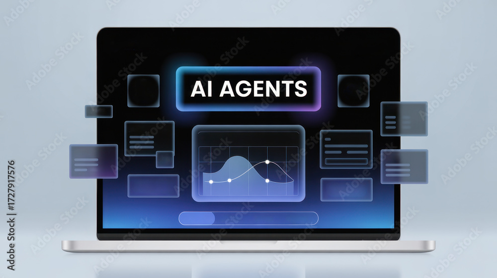 Obraz premium Laptop screen displaying ai agents concept with futuristic interface elements and data visualization on a modern device, isolated on white background