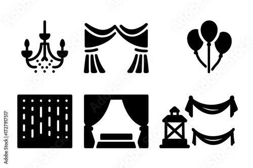 Banquet Decor Icons. Solid, filled icon set of banquet hall decor: chandelier, draped ceiling, floral arch, balloon arrangement, light curtain, stage backdrop,
