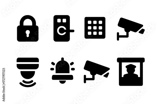 Gate Security Icons. Solid, filled icon set of gate security features: padlock, electronic lock, keypad, CCTV, motion sensor, alarm bell, security camera,