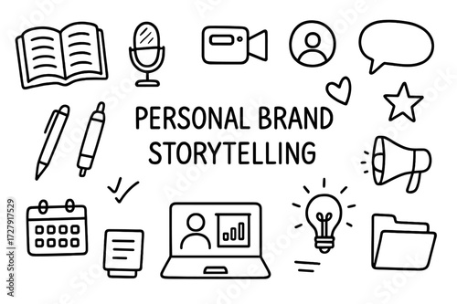 Storytelling Icons Doodle. Hand-drawn doodle illustration Personal brand storytelling [open book, pen, microphone, video camera, speech bubble, profile icon,
