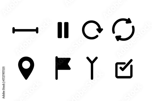 Interval Concept Icons. Solid, filled icon set of interval concepts: segment, pause, repeat, loop, marker, flag, split, checkpoint. [Line icons in only black