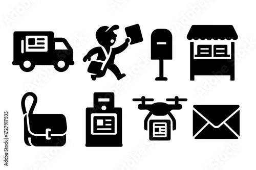 Newspaper Icon Set. Solid, filled icon set of newspaper distribution: delivery truck, newsboy, mailbox, newsstand, courier bag, newspaper vending machine,