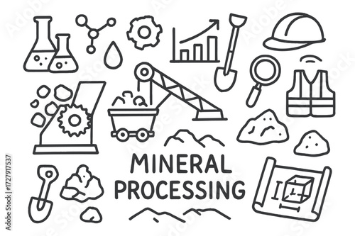 Mineral Processing icons. Hand-drawn doodle illustration Mineral processing crusher machine, conveyor belt, gear, chart, shovel, ore cart, test tube, flask,